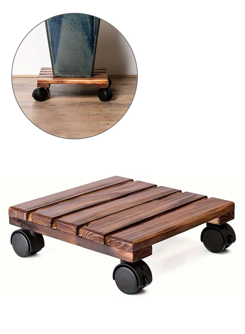 25x25cm Square Wooden Plant Pot Tray with Wheels, Multi-Use Flower Pots Thickened Rolling Base