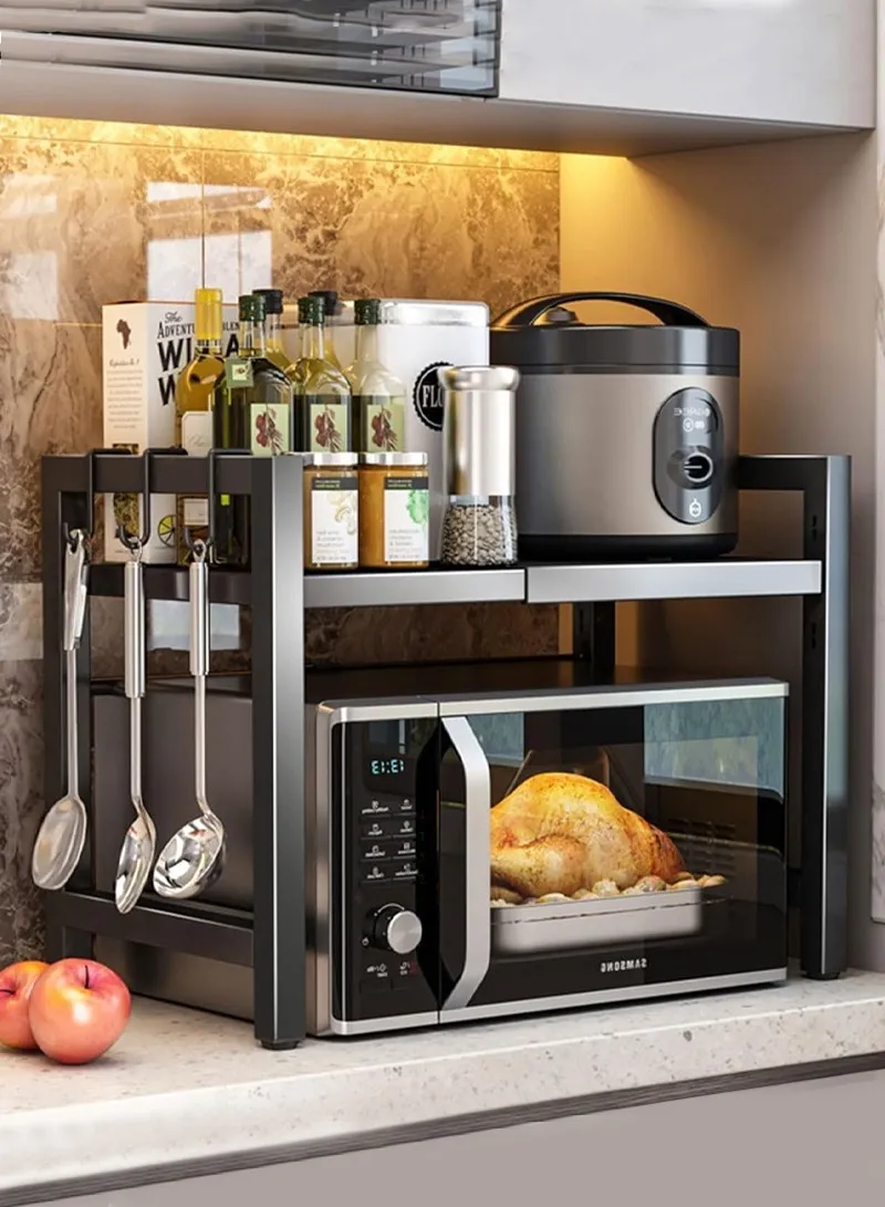 Extendable 2 Tier Elegant & Easy To Assemble Microwave Organization Rack For Kitchen - Black