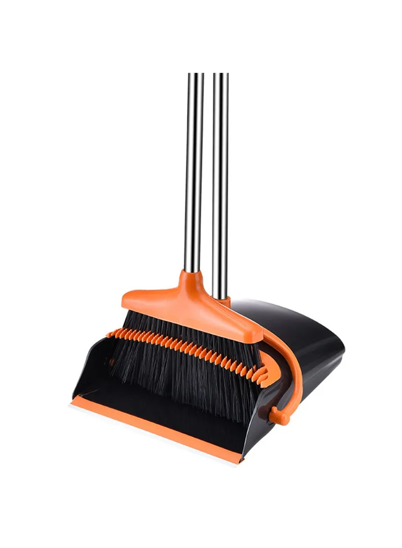 8-Section Handle Broom and Dustpan Set for Home Kitchen Office - Black / Orange