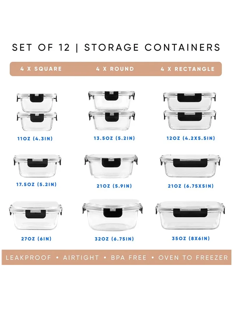 24Pcs Microwave Oven Food Storage Containers Set Borosilicate Glass Fresh Keeping Box - Black β photo 3