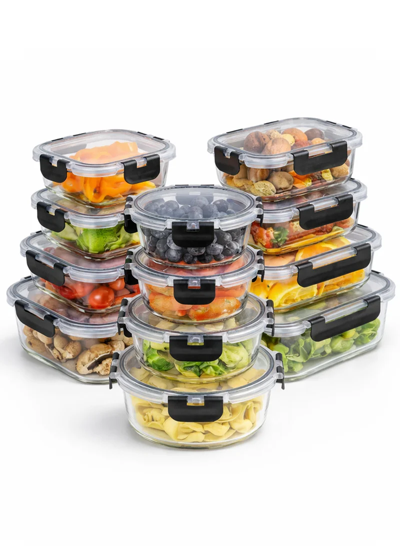 24Pcs Microwave Oven Food Storage Containers Set Borosilicate Glass Fresh Keeping Box - Black