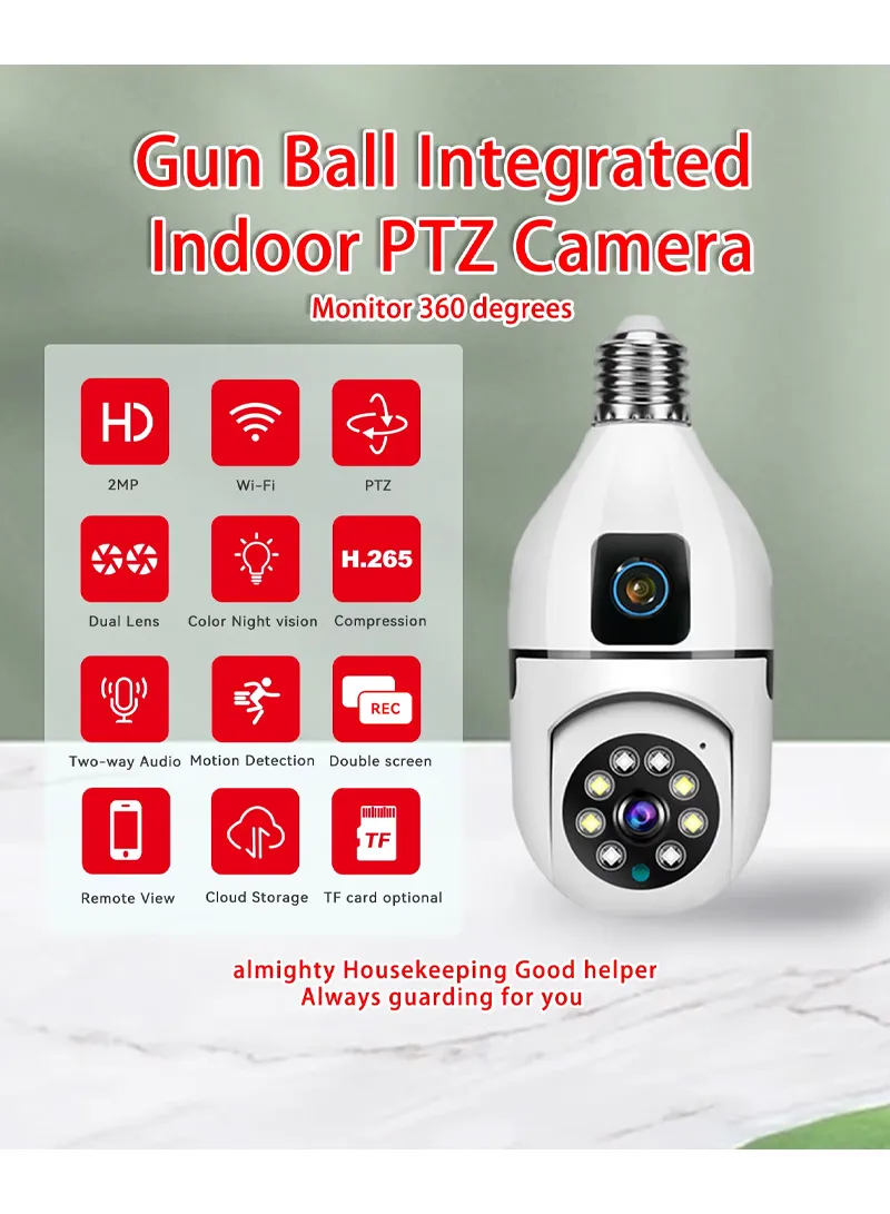Two-Screen + Dual-Lens WiFi IP PTZ Camera, E27 Dual-Eye Camera With Color Night Vision, 2-Way T β photo 2