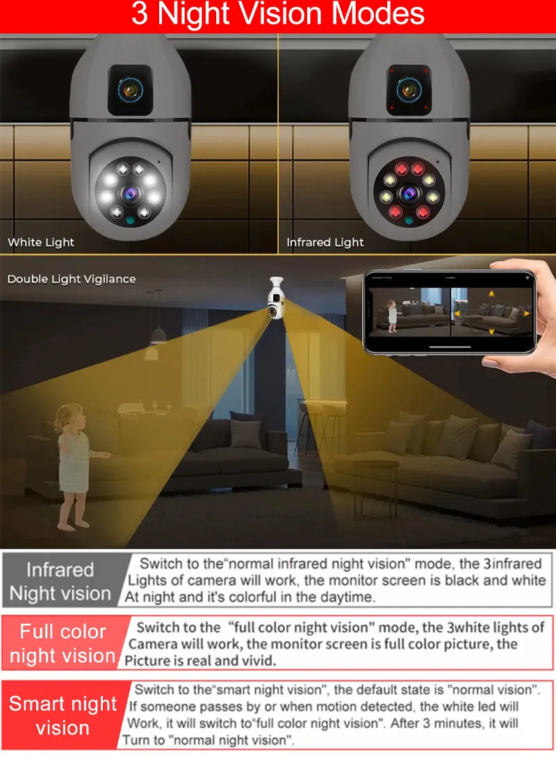 Two-Screen + Dual-Lens WiFi IP PTZ Camera, E27 Dual-Eye Camera With Color Night Vision, 2-Way T β photo 3