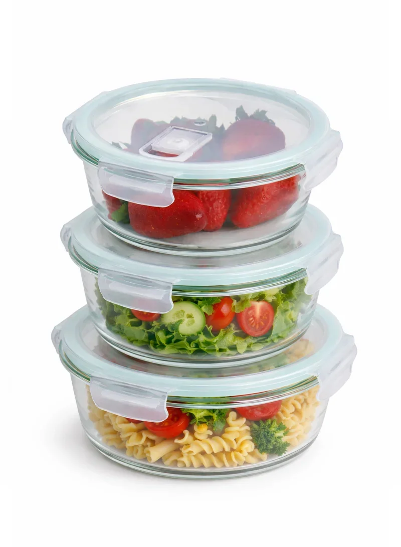 3-Pieces Heat-Resistant Round Borosilicate Glass Food Storage Containers Set - Blue — photo 2