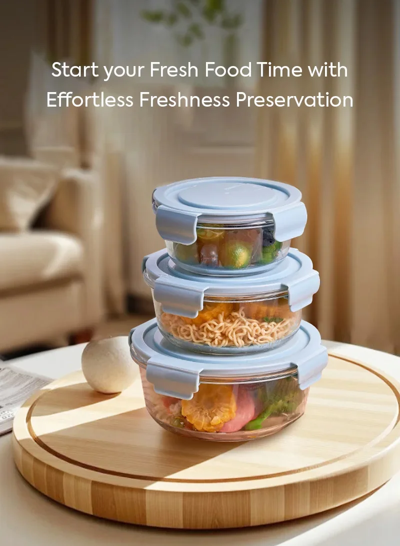 3-Pieces Heat-Resistant Round Borosilicate Glass Food Storage Containers Set - Blue β photo 5