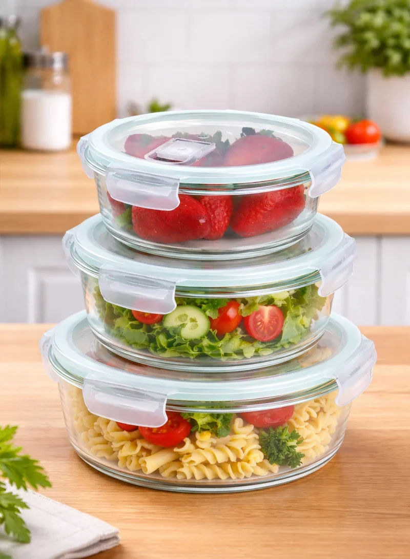 3-Pieces Heat-Resistant Round Borosilicate Glass Food Storage Containers Set - Blue