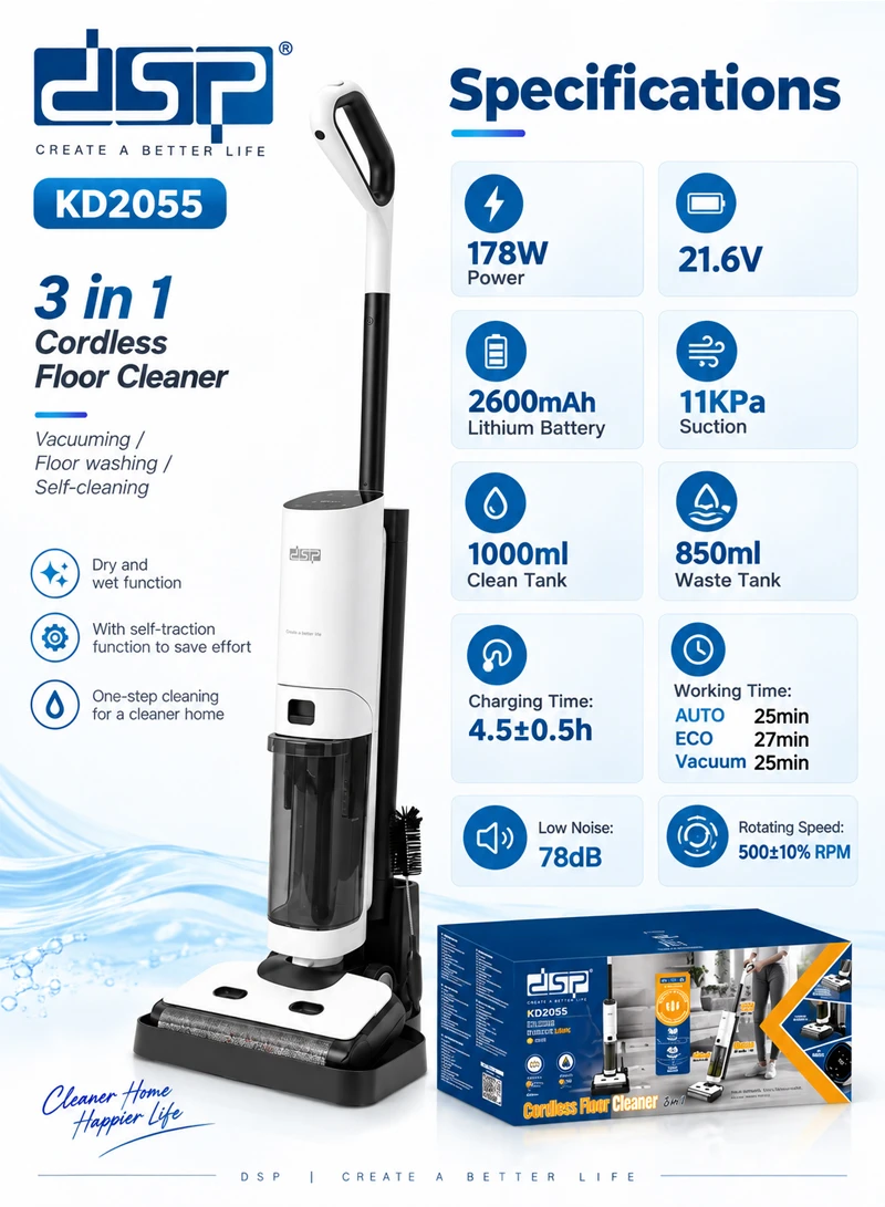 3 in 1 2600mAh Cordless Dry & Wet Floor Cleaner, Vacuuming, Floor Washing, & Self-Cleaning with β photo 6