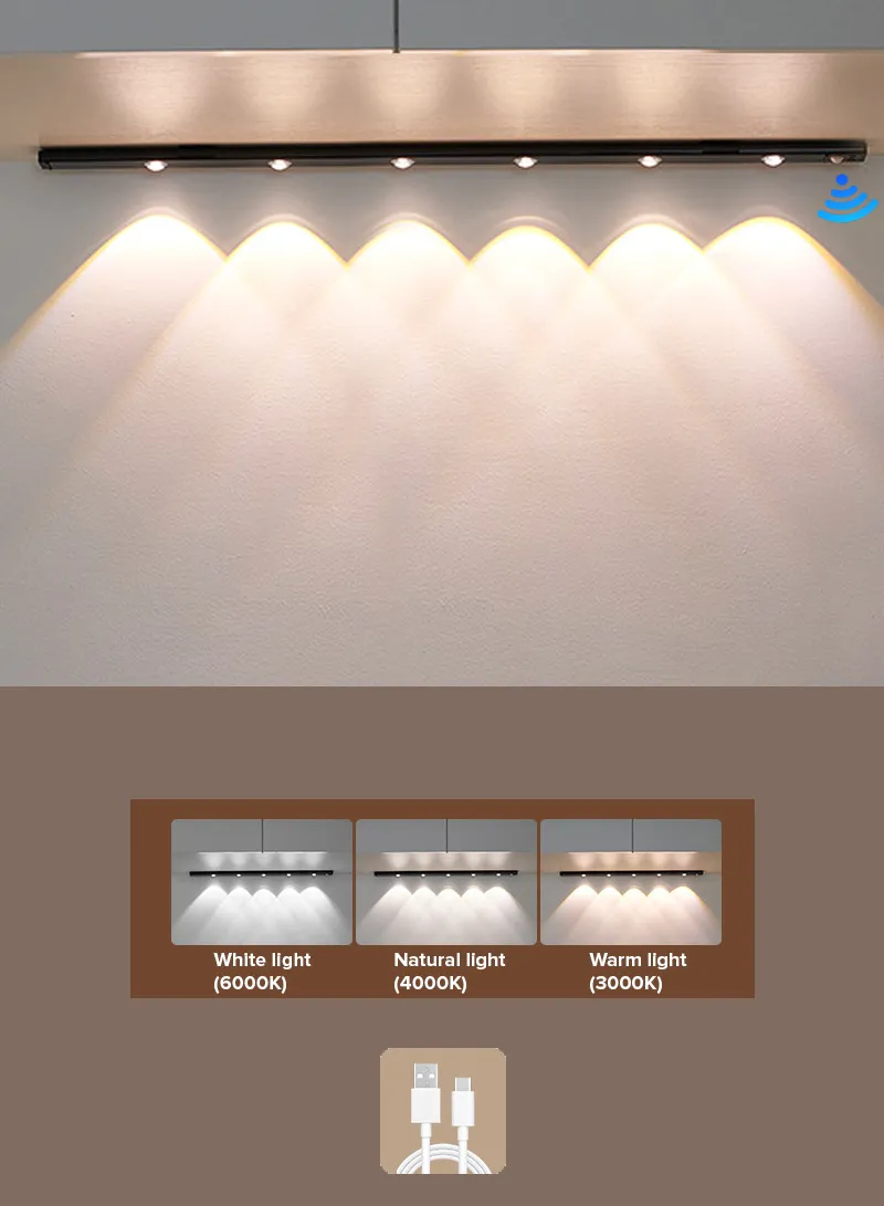 80cm Cat's Eye Under Cabinet Light, 6 LEDs Motion Sensor Closet Lights with Type-C Charging, Ad