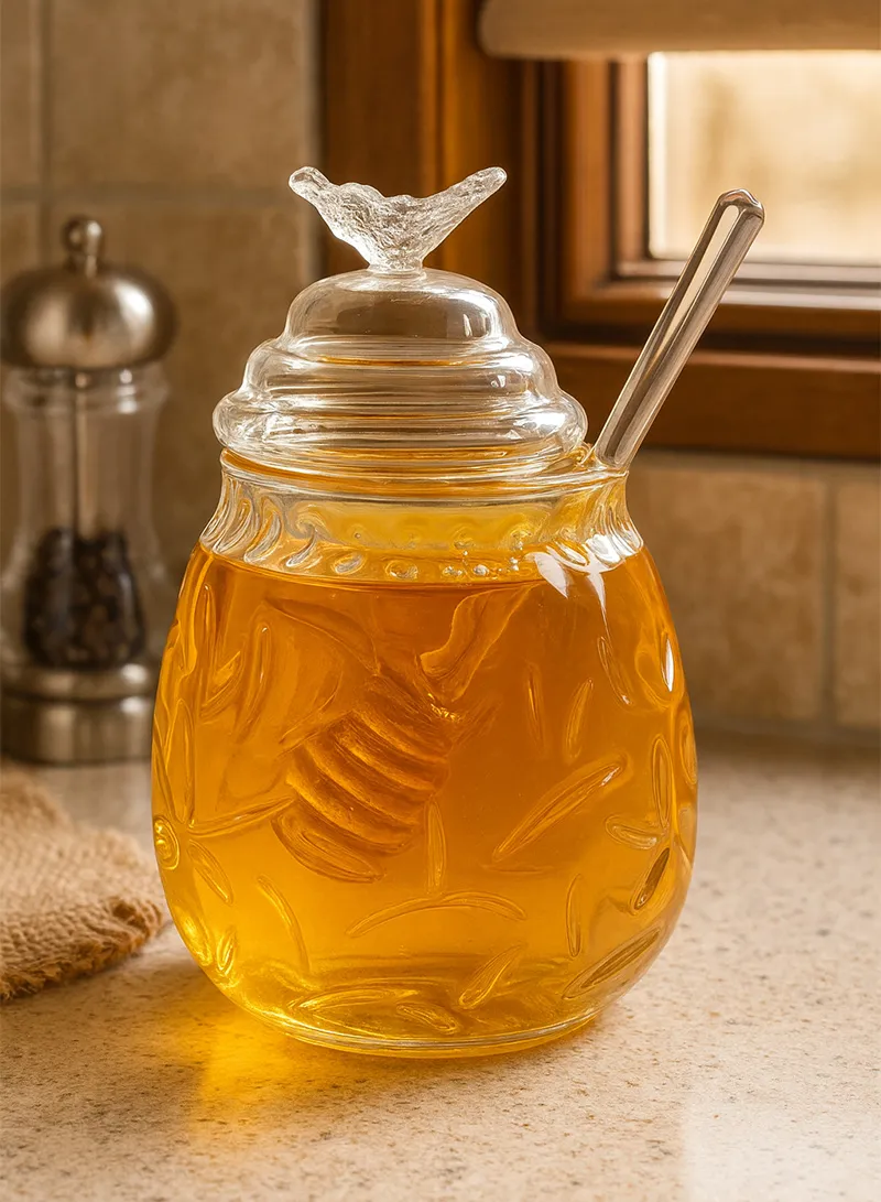 380ml Elegant Glass Honey Jar with Honey Spoon, Drip-Free Honey Serving