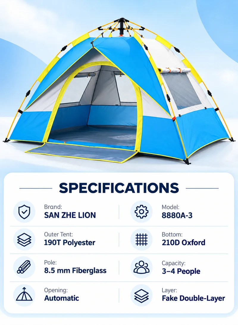 3-4 People Fake Double Layer Double Door Automatic Setup Tent with Carrying Bag, Multi-use Outd β photo 5