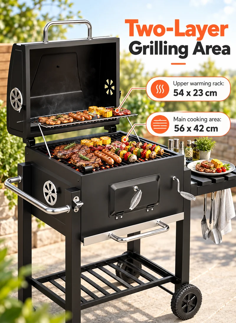 Heavy Duty Iron & Stainless Steel Charcoal Barbecue Grill Trolley with Wheels & Temperature Gau β photo 3