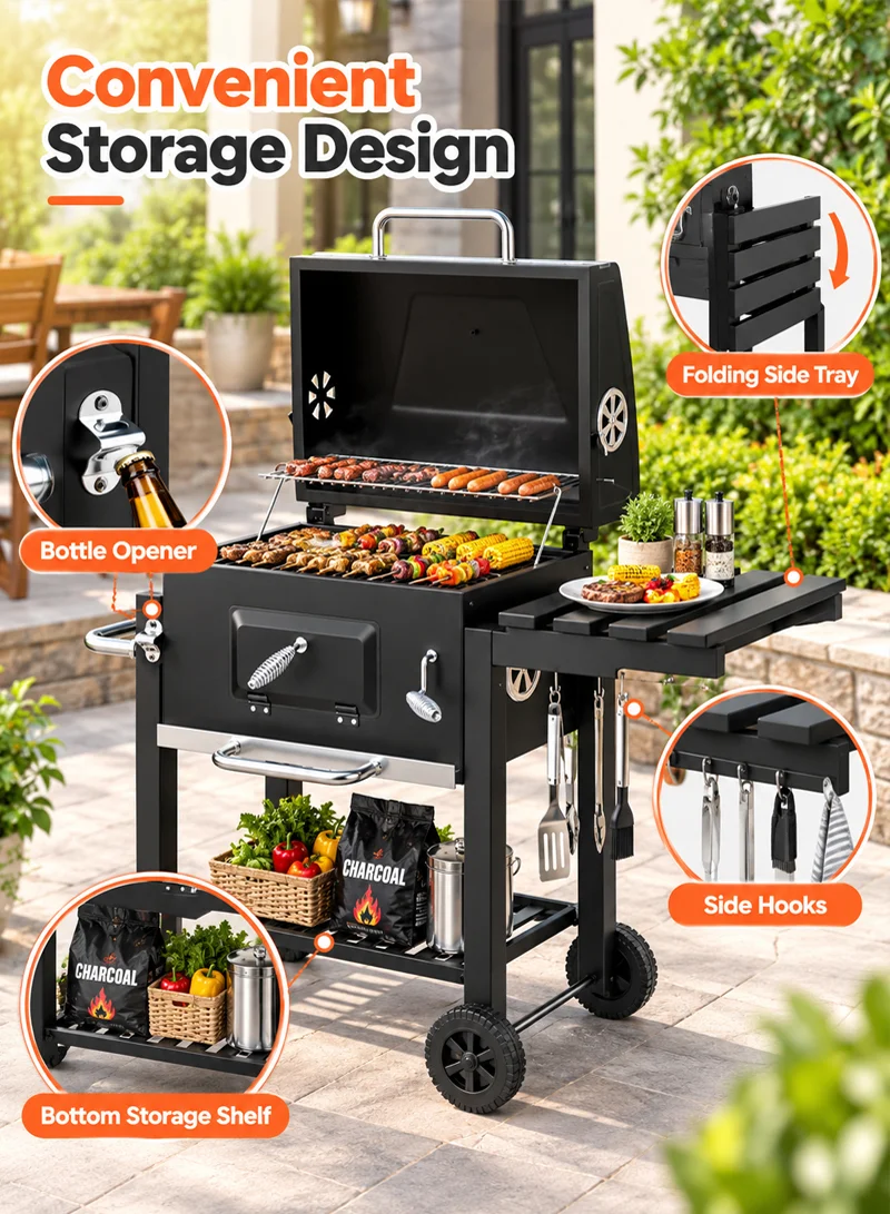 Heavy Duty Iron & Stainless Steel Charcoal Barbecue Grill Trolley with Wheels & Temperature Gau β photo 4