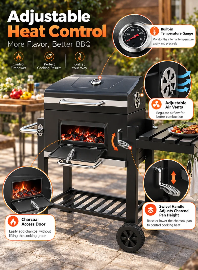 Heavy Duty Iron & Stainless Steel Charcoal Barbecue Grill Trolley with Wheels & Temperature Gau β photo 5