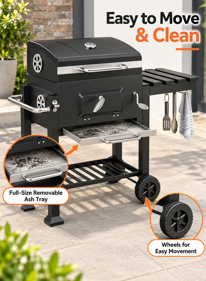 Heavy Duty Iron & Stainless Steel Charcoal Barbecue Grill Trolley with Wheels & Temperature Gau β photo 6