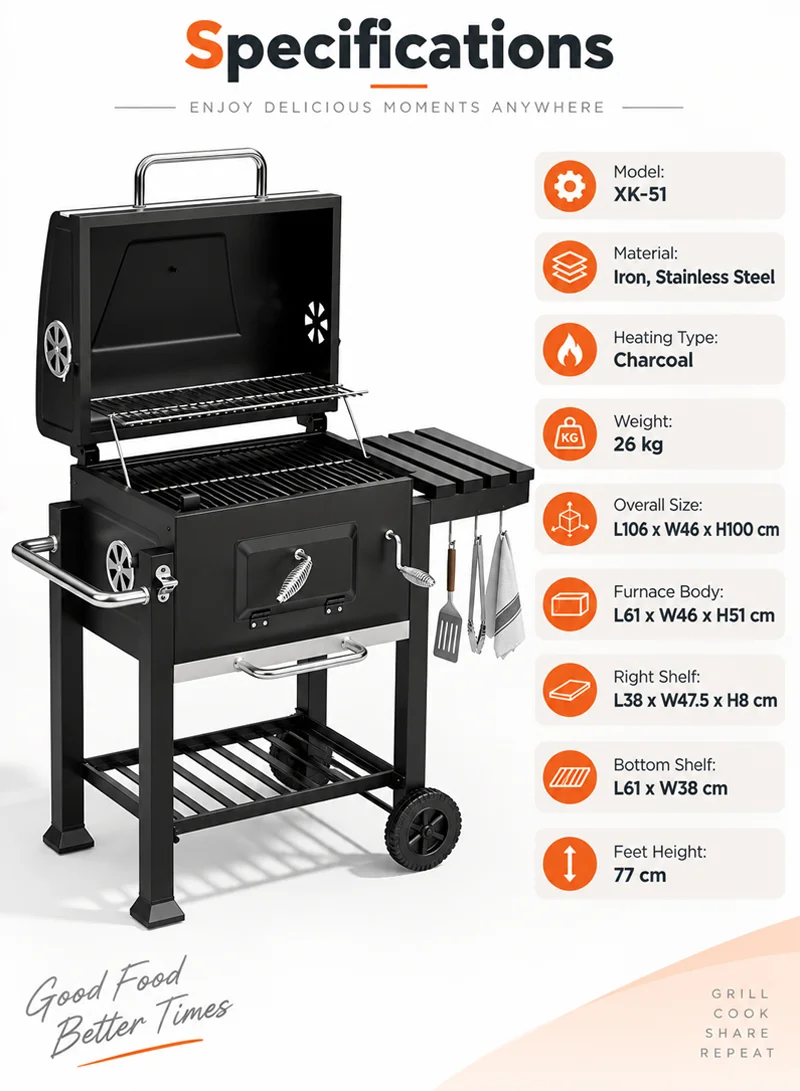 Heavy Duty Iron & Stainless Steel Charcoal Barbecue Grill Trolley with Wheels & Temperature Gau β photo 7