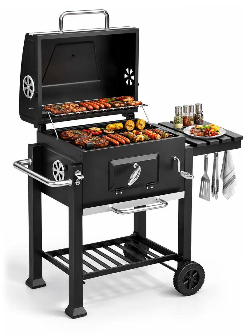 Heavy Duty Iron & Stainless Steel Charcoal Barbecue Grill Trolley with Wheels & Temperature Gau