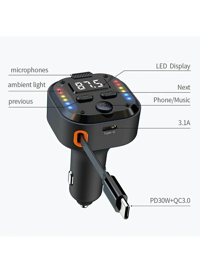 30W Bluetooth-compatible Car Charger with Type-C Extendable Cable, PD Fast Charger FM Transmitt — photo 2