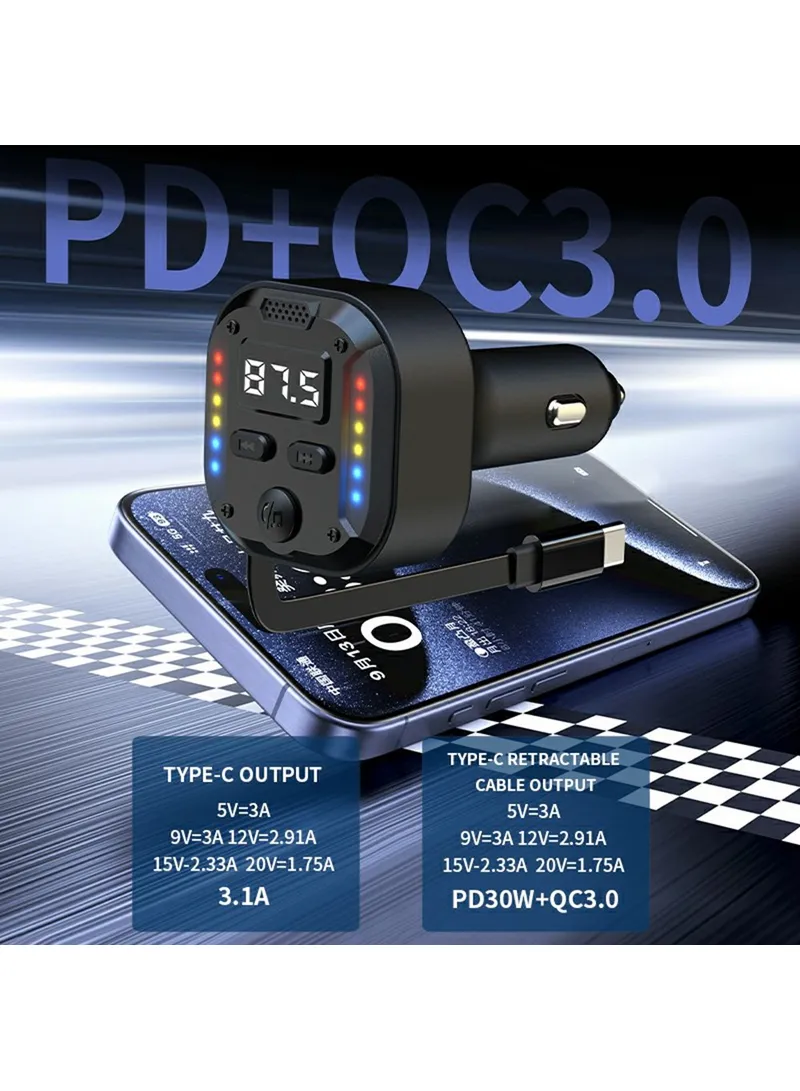 30W Bluetooth-compatible Car Charger with Type-C Extendable Cable, PD Fast Charger FM Transmitt — photo 6
