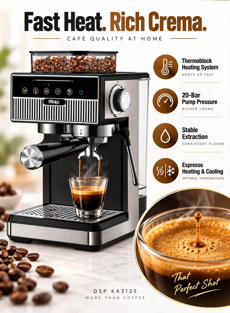 20-Bar Pump Espresso Coffee Maker, Coffee Machine with Grinde, Tank, & 20 Grind Settings — photo 4