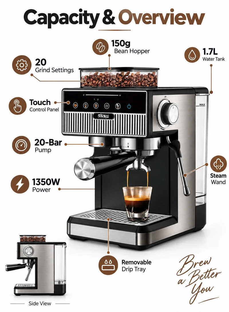 20-Bar Pump Espresso Coffee Maker, Coffee Machine with Grinde, Tank, & 20 Grind Settings — photo 5