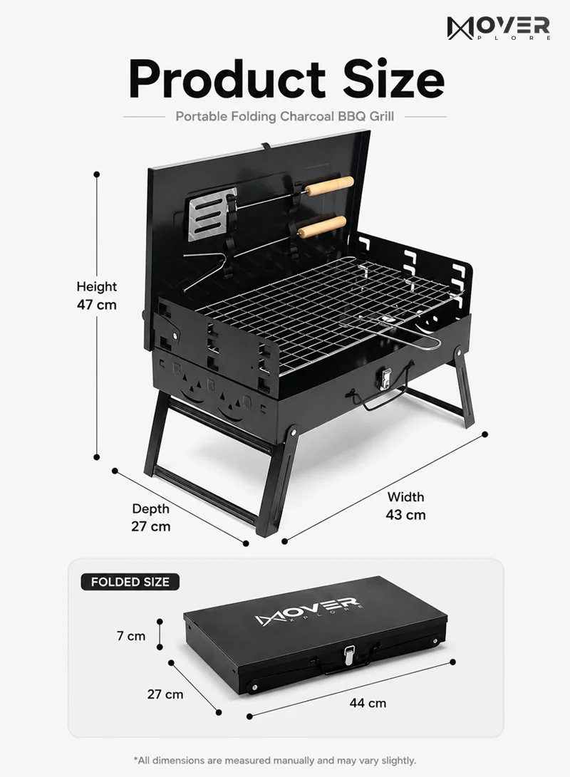 Portable Folding Charcoal Outdoor BBQ Grill Box, Adjustable Grill Net with Handle - Black β photo 2