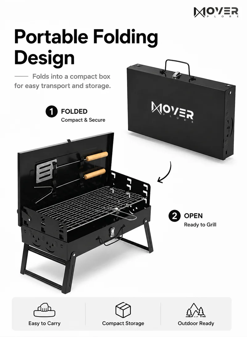 Portable Folding Charcoal Outdoor BBQ Grill Box, Adjustable Grill Net with Handle - Black β photo 3