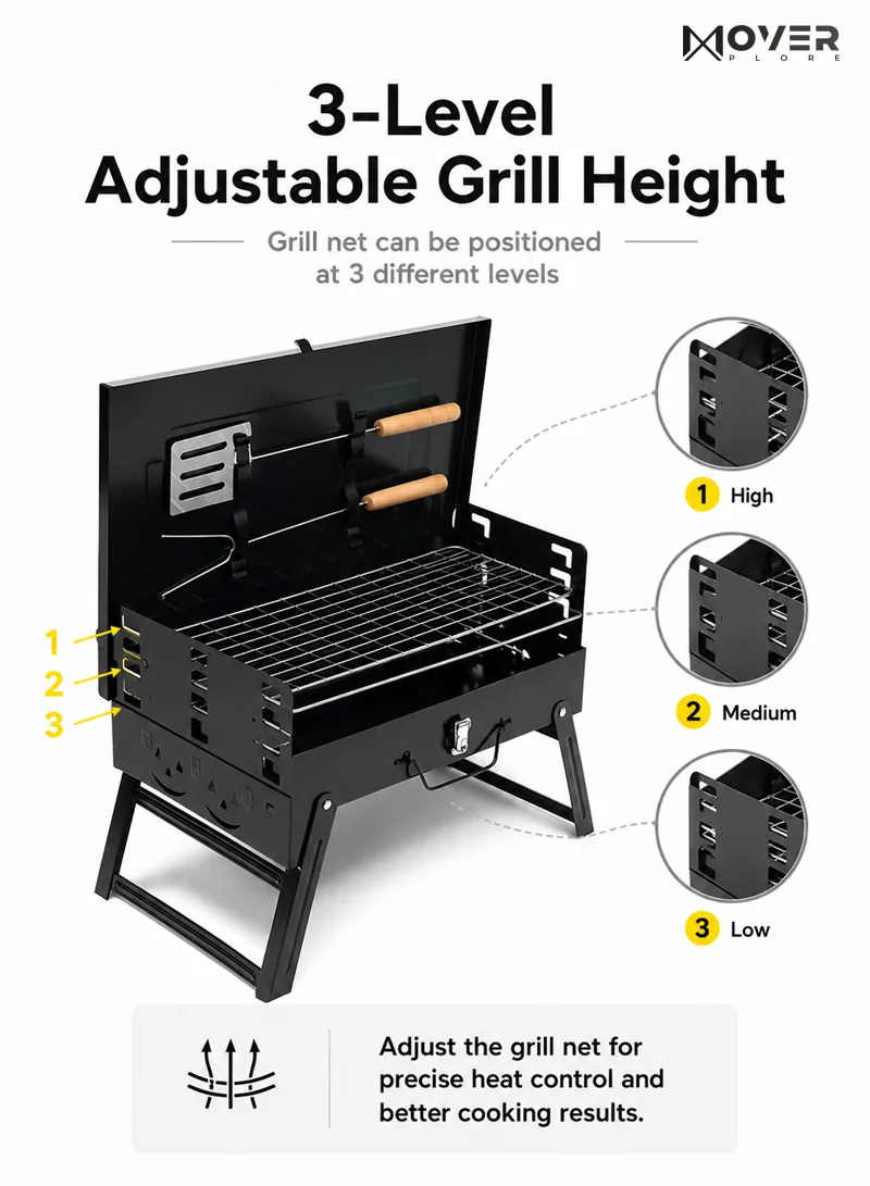Portable Folding Charcoal Outdoor BBQ Grill Box, Adjustable Grill Net with Handle - Black β photo 4