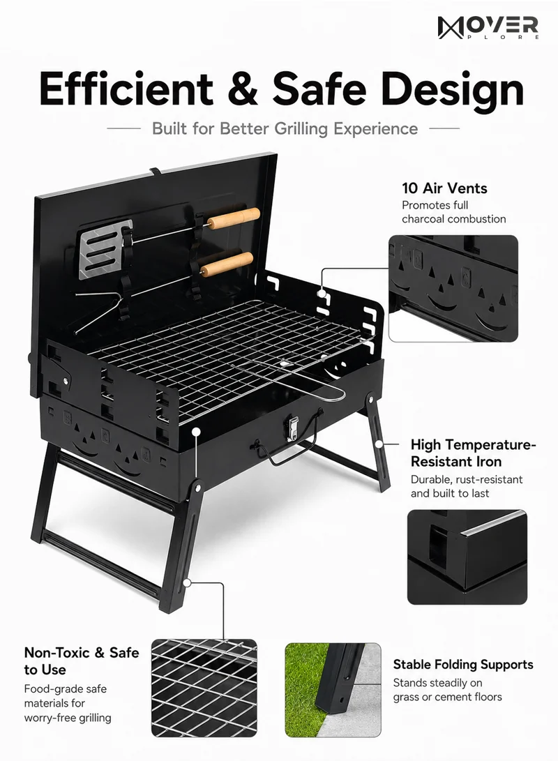 Portable Folding Charcoal Outdoor BBQ Grill Box, Adjustable Grill Net with Handle - Black β photo 5