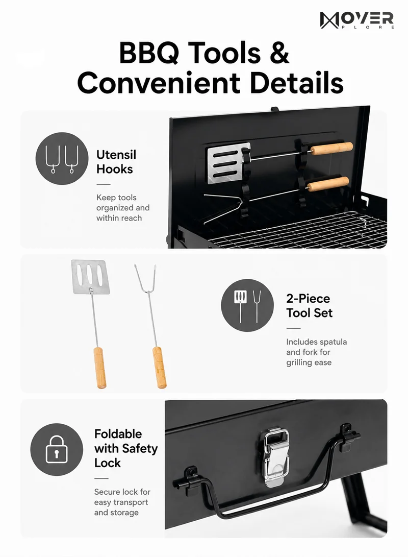 Portable Folding Charcoal Outdoor BBQ Grill Box, Adjustable Grill Net with Handle - Black β photo 6