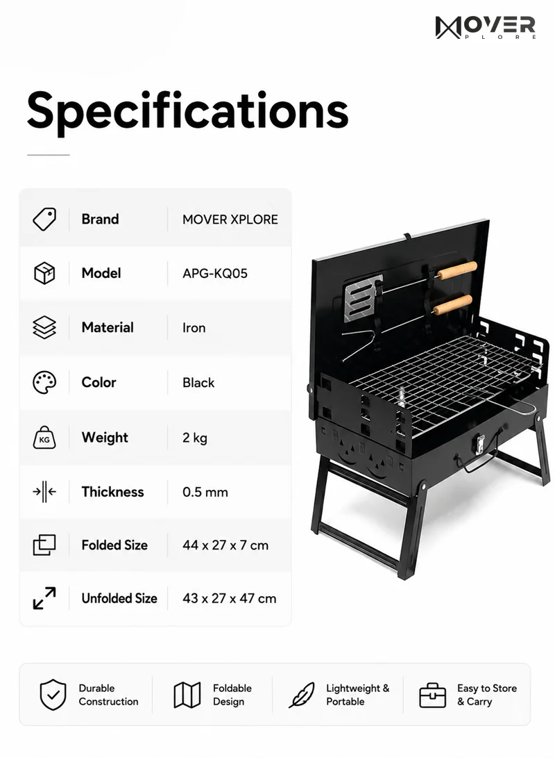 Portable Folding Charcoal Outdoor BBQ Grill Box, Adjustable Grill Net with Handle - Black β photo 7