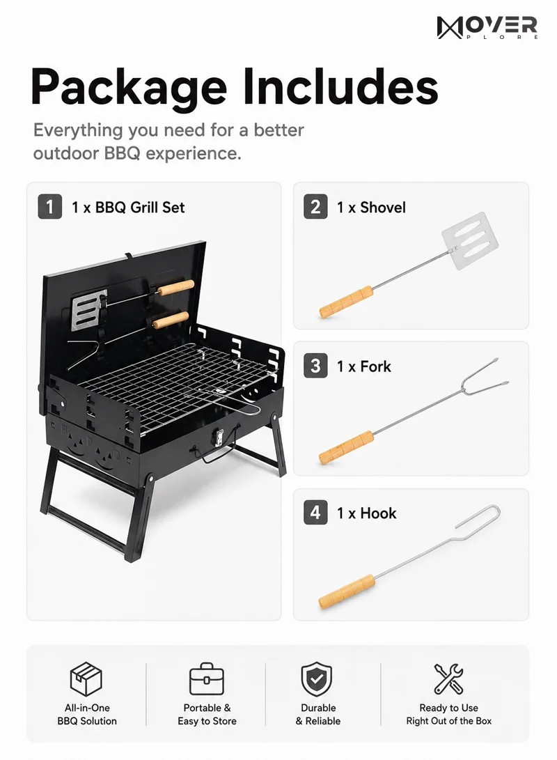 Portable Folding Charcoal Outdoor BBQ Grill Box, Adjustable Grill Net with Handle - Black β photo 8