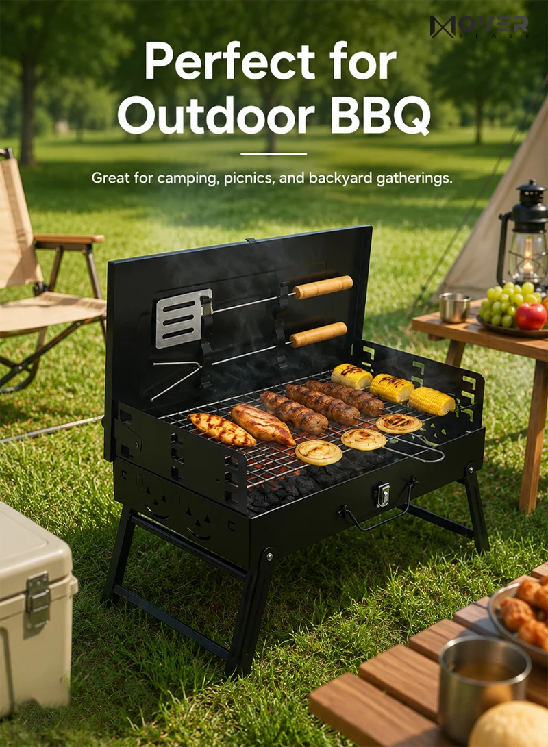 Portable Folding Charcoal Outdoor BBQ Grill Box, Adjustable Grill Net with Handle - Black β photo 9