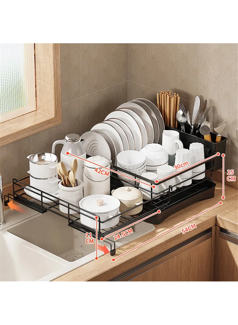 Retractable Kitchen Dish Bowl Drain Rack Carbon Steel Countertop Sink Storage Rack - Black