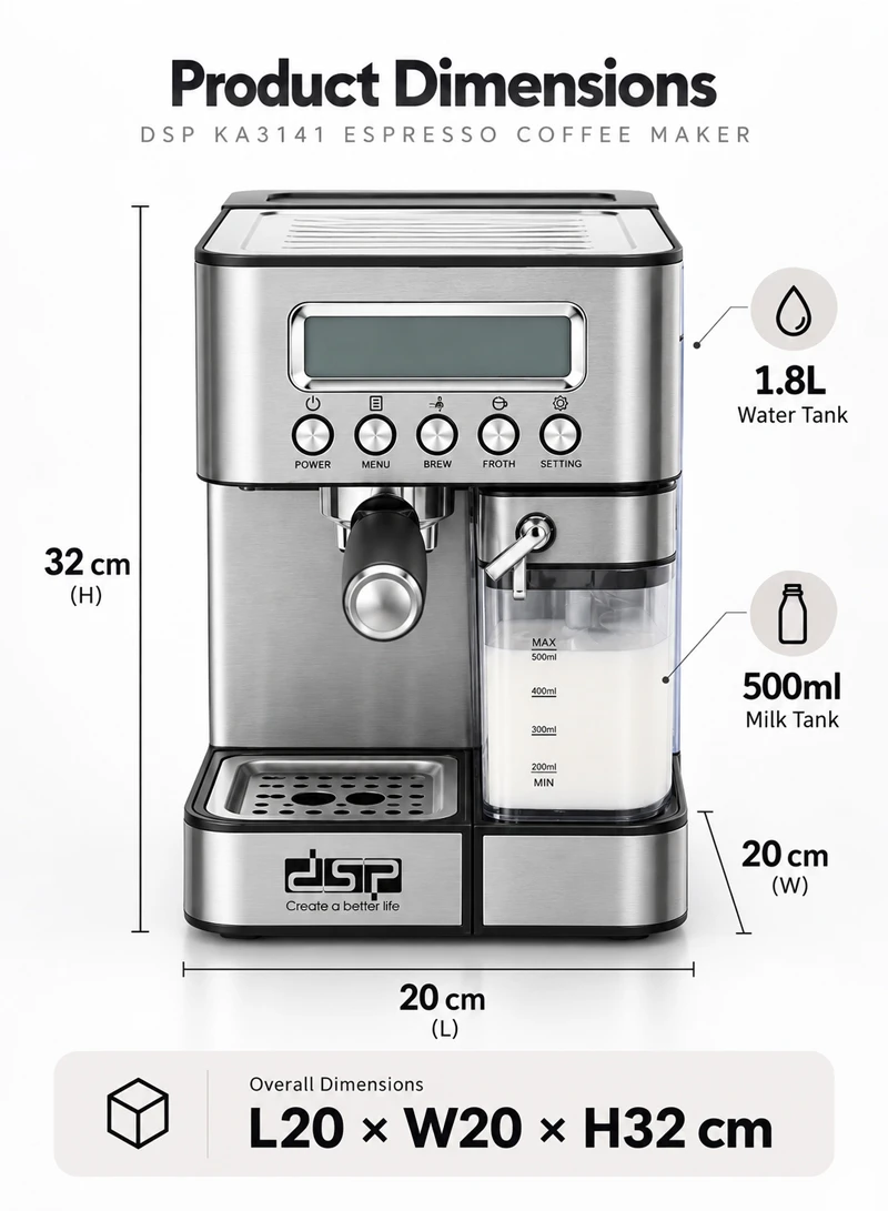 Stainless Steel Electric Espresso Coffee Maker, 15-Bar High-Pressure Espresso Coffee Maker with β photo 2