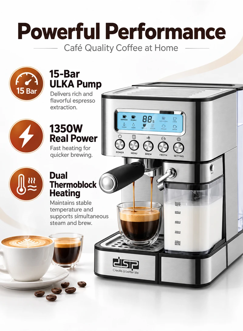 Stainless Steel Electric Espresso Coffee Maker, 15-Bar High-Pressure Espresso Coffee Maker with β photo 3