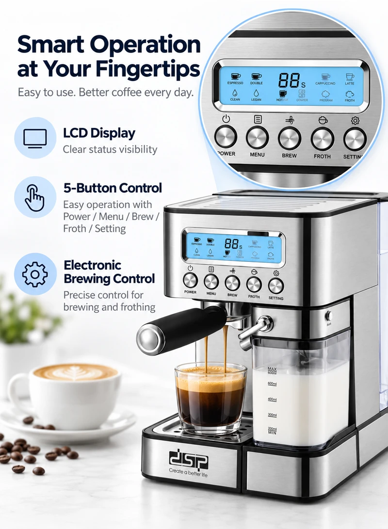 Stainless Steel Electric Espresso Coffee Maker, 15-Bar High-Pressure Espresso Coffee Maker with β photo 4