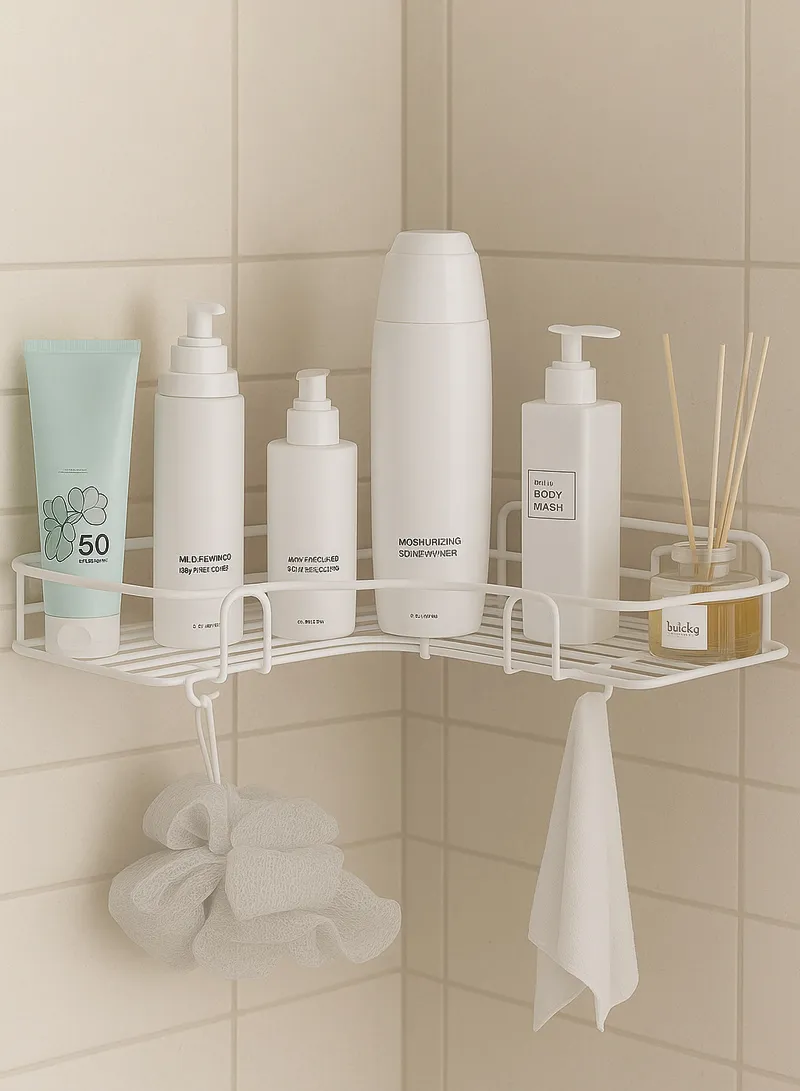 Bathroom Organization Corner Shelf With Side Hanger - White