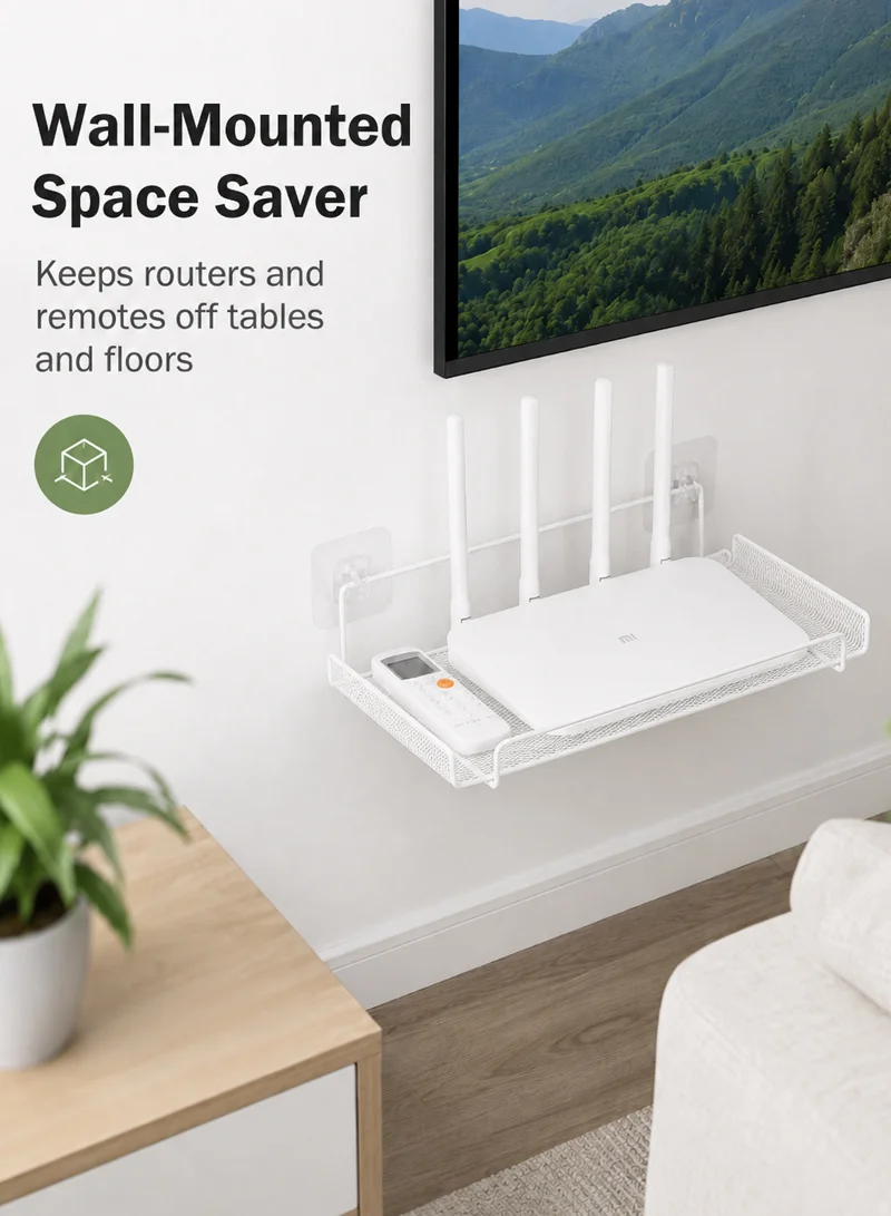Wall Wifi Router Shelf Living Room Television Set-Top Box Holder Storage Rack - White β photo 3