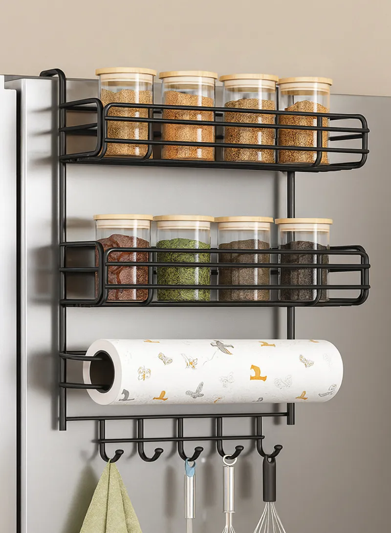 2-Layer Kitchen Organizer, Refrigerator Side Rack with Roll Holder & 5 Hooks - Black — photo 2