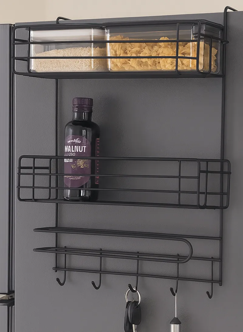2-Layer Kitchen Organizer, Refrigerator Side Rack with Roll Holder & 5 Hooks - Black