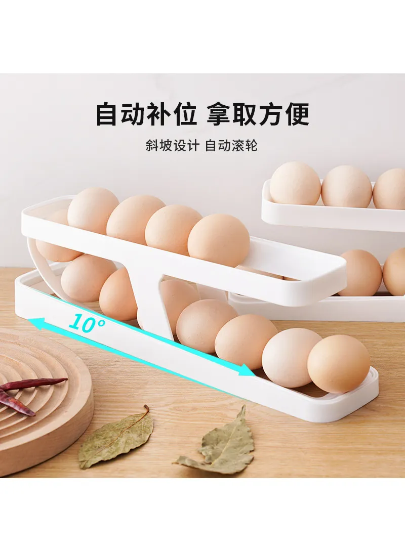 2-Tier Rolling Egg Dispenser Rack, Refrigerator Side Door Organizer - White — photo 2