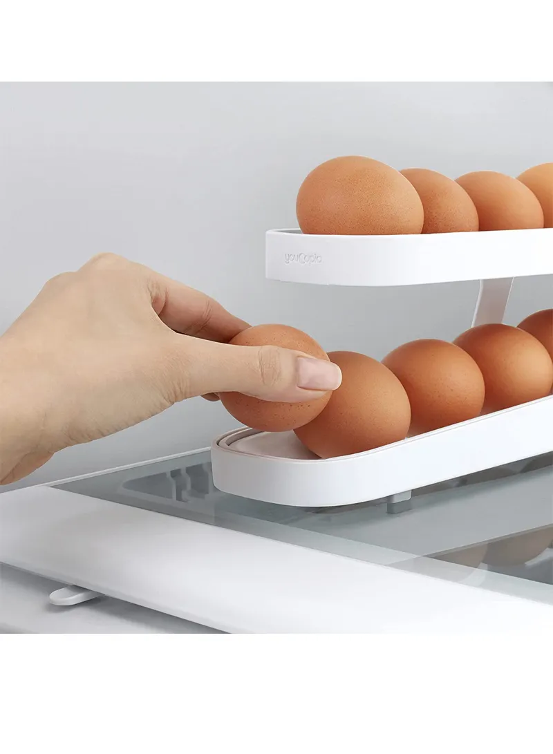 2-Tier Rolling Egg Dispenser Rack, Refrigerator Side Door Organizer - White β photo 5