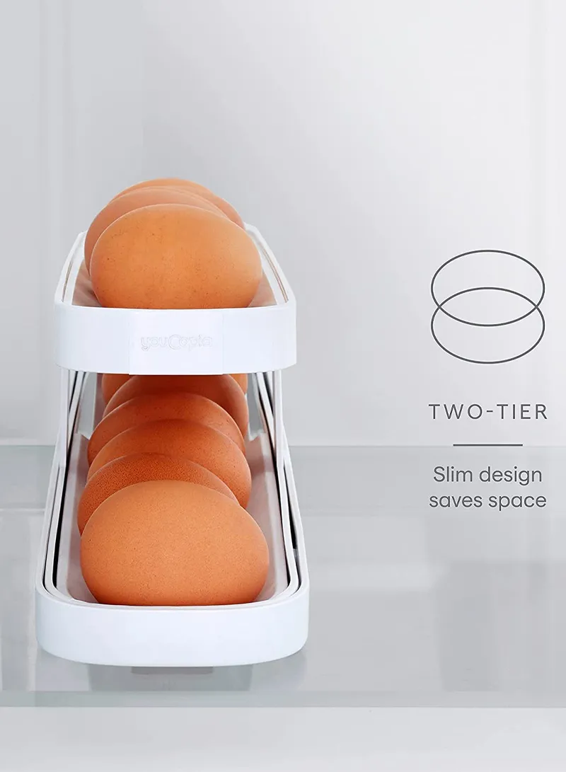 2-Tier Rolling Egg Dispenser Rack, Refrigerator Side Door Organizer - White — photo 6