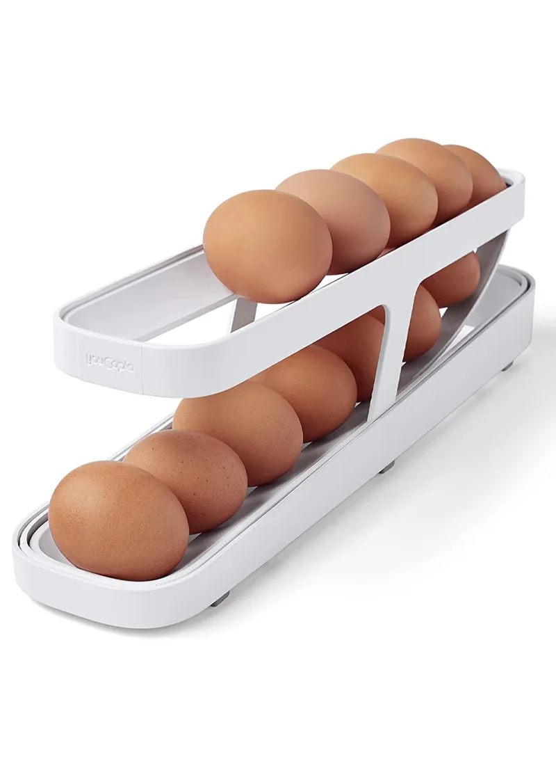 2-Tier Rolling Egg Dispenser Rack, Refrigerator Side Door Organizer - White