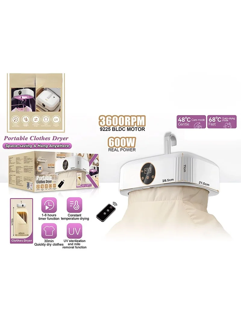Portable Clothes Dryer with UV Sterilization & 2 Heat Modes - White β photo 9