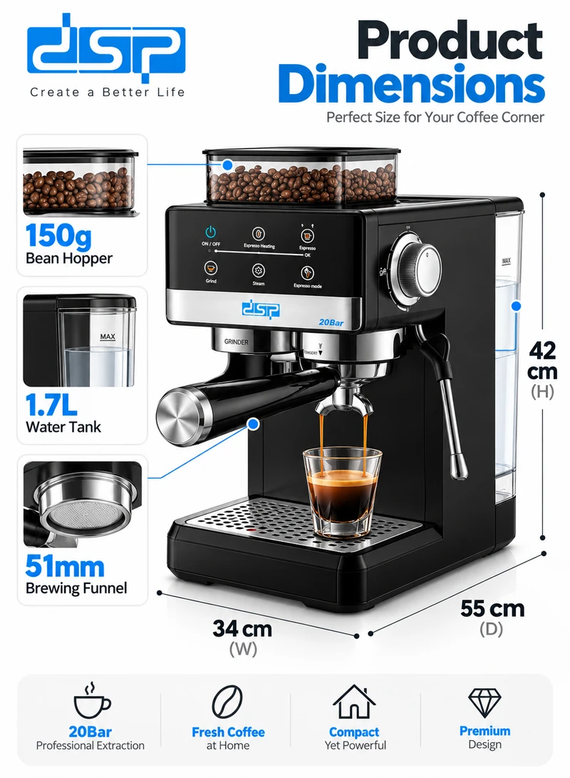 Espresso Machine with Integrated Grinder & Steam Pipe, 20 Grinding Settings, Touchscreen & Ther β photo 2