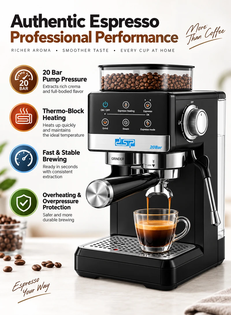 Espresso Machine with Integrated Grinder & Steam Pipe, 20 Grinding Settings, Touchscreen & Ther — photo 3