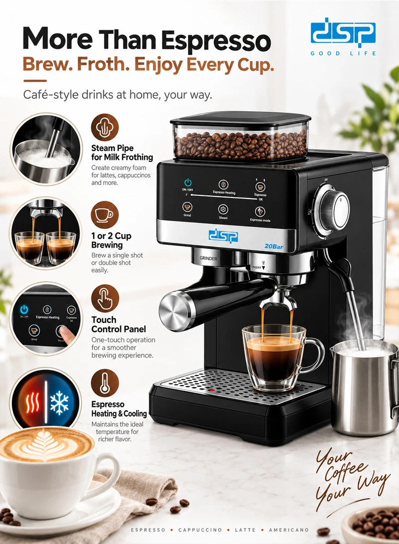 Espresso Machine with Integrated Grinder & Steam Pipe, 20 Grinding Settings, Touchscreen & Ther β photo 5