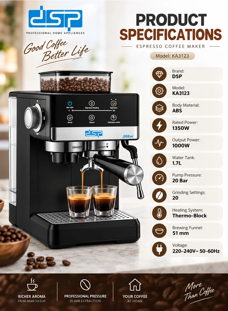 Espresso Machine with Integrated Grinder & Steam Pipe, 20 Grinding Settings, Touchscreen & Ther β photo 6