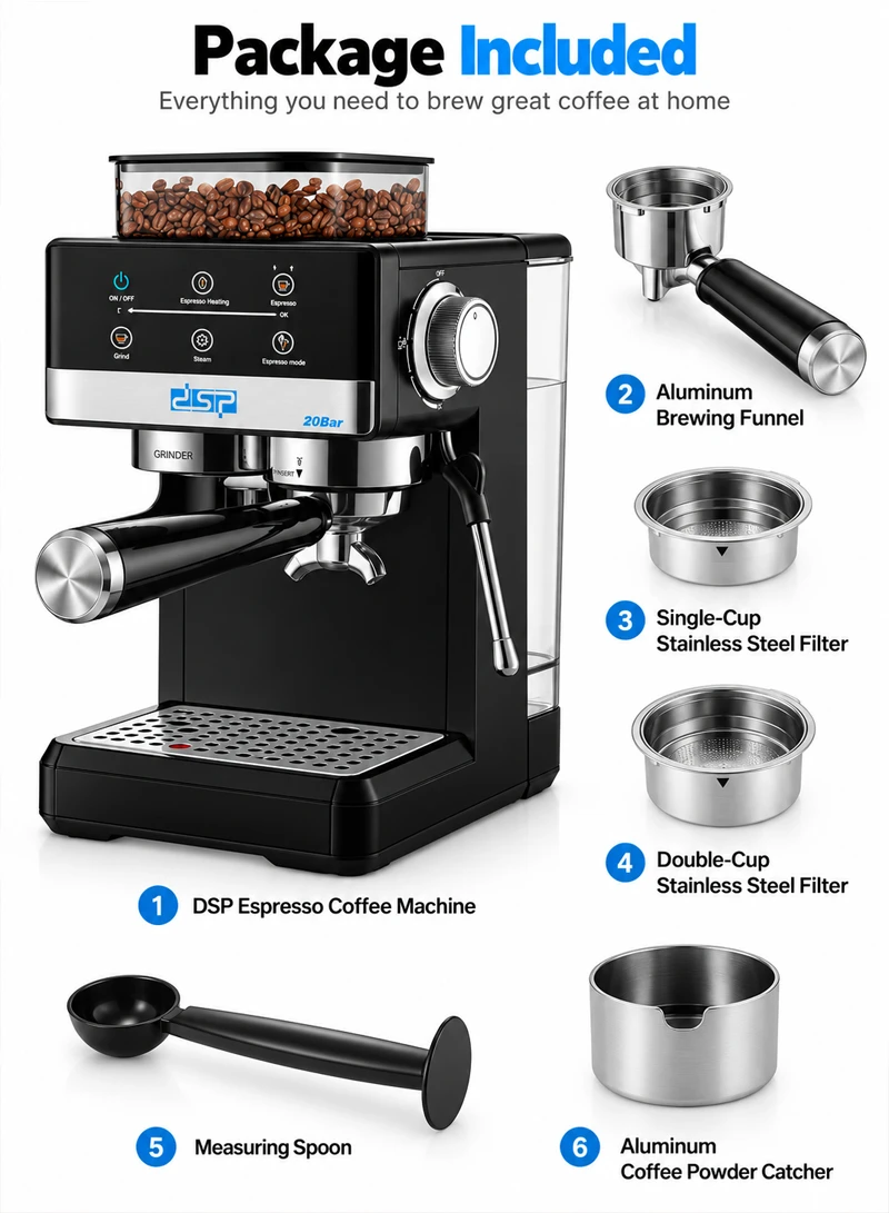 Espresso Machine with Integrated Grinder & Steam Pipe, 20 Grinding Settings, Touchscreen & Ther — photo 7